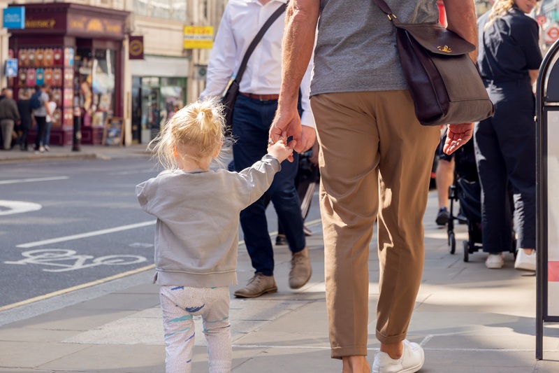 Father and son walking on a sidewalk in San Francisco